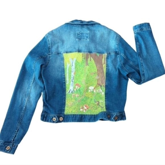 Hand painted Indie mushrooms fairy core nature scene unique cropped jean jacket - Picture 1 of 9